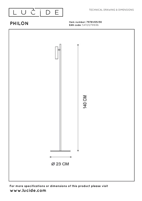 Lucide PHILON - Floor reading lamp - Ø 23 cm - LED Dim. - 1x4,5W 3000K - Black - technical